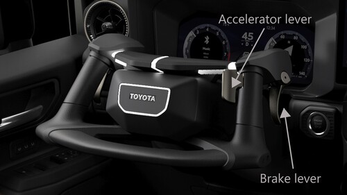 Bedienkonzept Neo Steer von Toyota mit Gas- und Bremshebel am Lenkrad.
