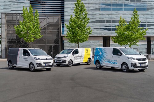 Brennstoffzellen-Transporter von Stellantis (von links): Citroën e-Jumpy Hydrogen, Opel Vivaro-e Hydrogen und Peugeot Expert-e Hydrogen.