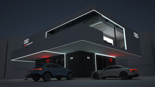 Charging-Hub mit Loungebereich im Obergeschoss: So kann sich Audi künftige Schnellladestaionen vorstellen.