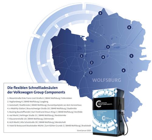 Infografik: Standorte von E-Schnellladesäulen in Wolfsburg. 