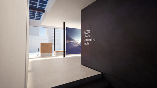 So kann sich Audi künftige Schnellladestationen vorstellen: Charging-Hub mit Loungebereich im Obergeschoss.